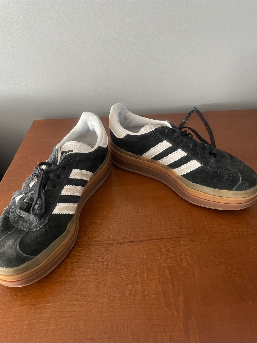 adidas Black Suede Platform Sneakers with White Stripes and Gum Sole